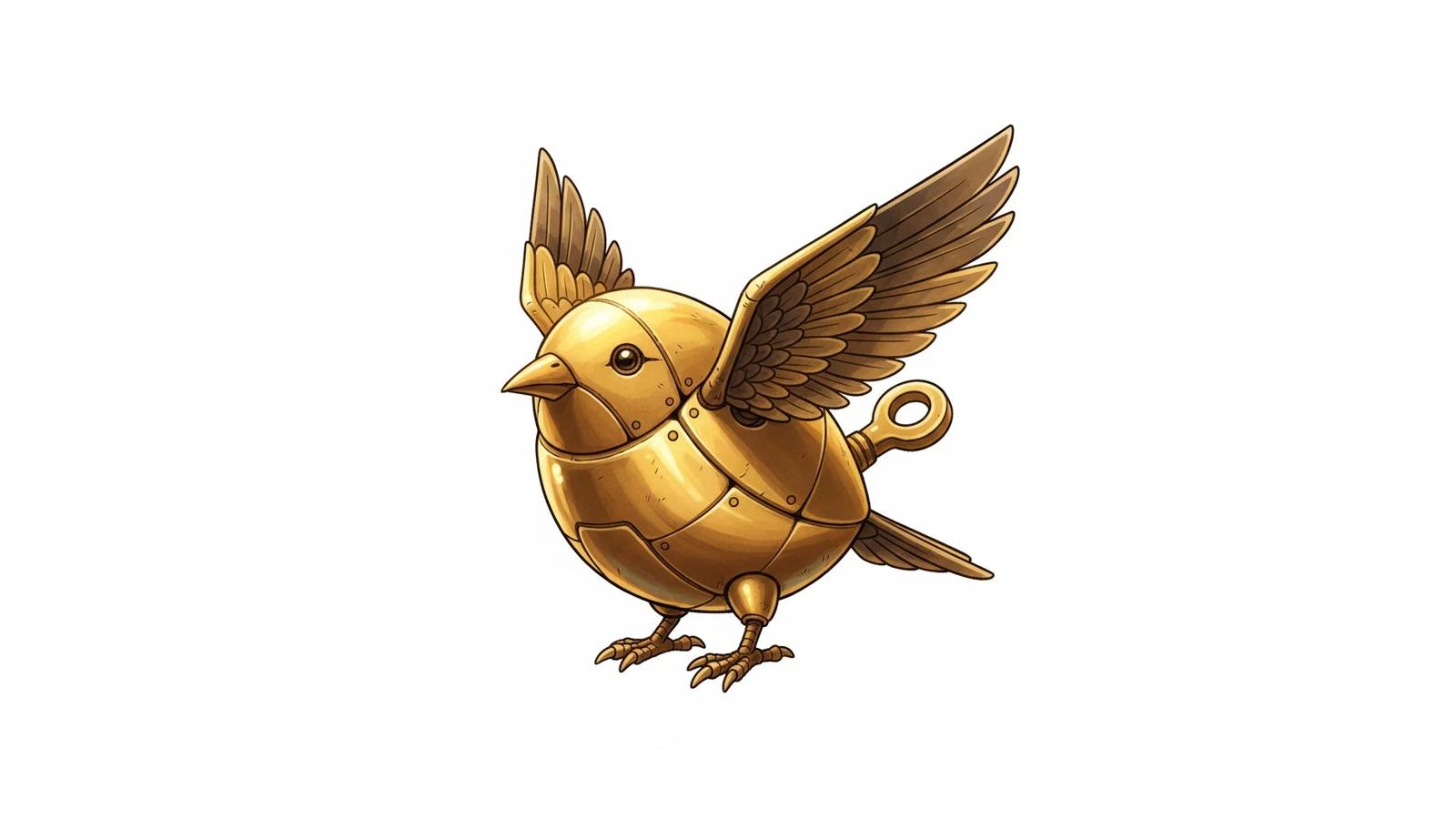 Golden brass wind-up bird item reference with raised metal wings and a winding key