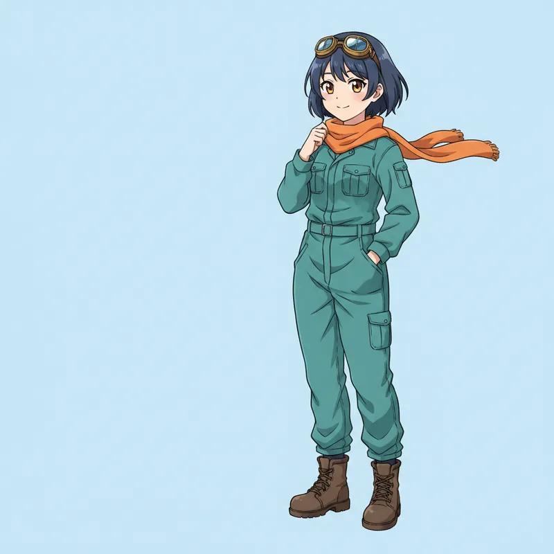 Kiko character reference with a teal jumpsuit and orange scarf