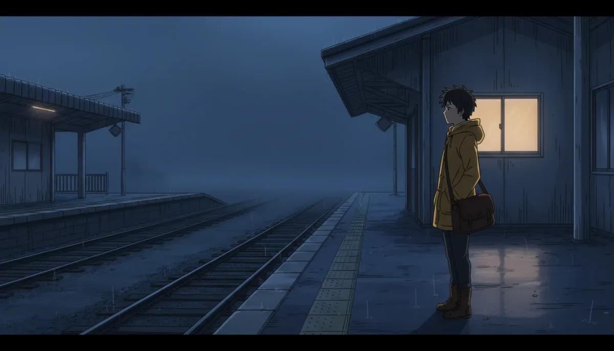 A courier in a mustard raincoat at a rainy blue-hour station