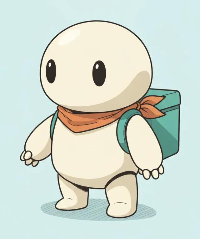 Cream delivery robot with a teal backpack and orange scarf