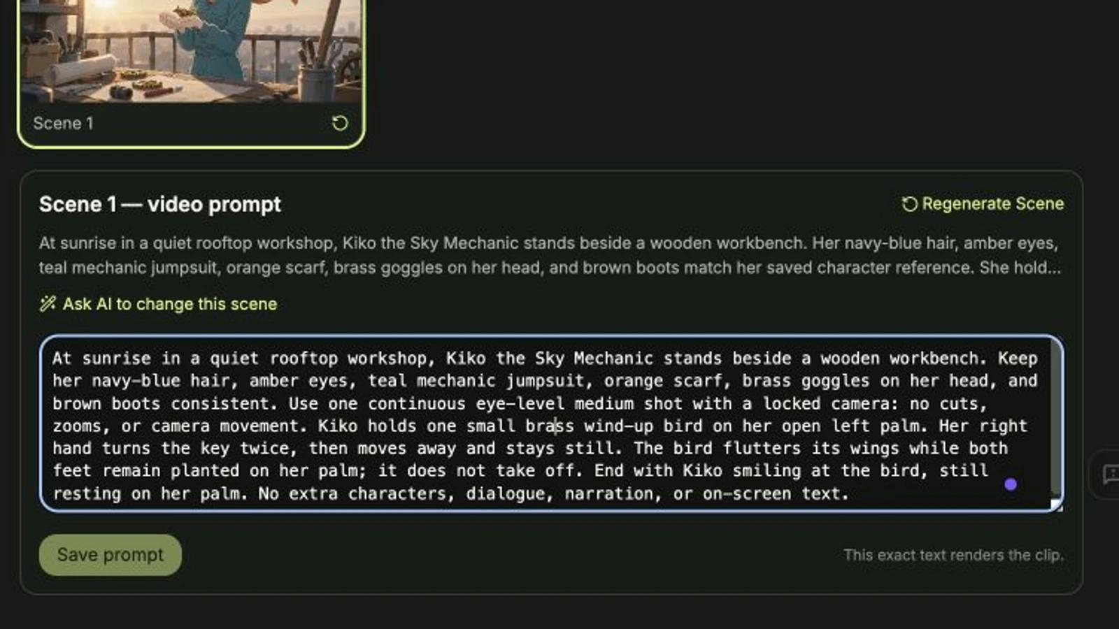 C2Anime Scene 1 video prompt editor with the saved locked-camera instructions and Save prompt control