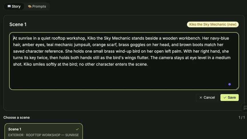 C2Anime Scene 1 editor showing the saved Kiko scene description and Save control