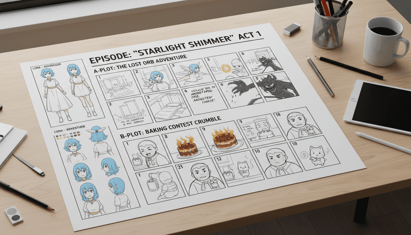 Anime storyboard sheet with an episode broken into an A-plot and B-plot on a beat board