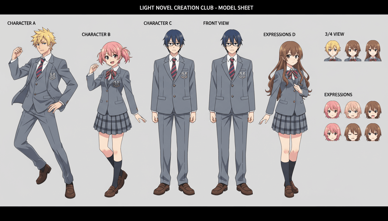 Anime character model sheet of an ensemble cast of four club members in school uniforms
