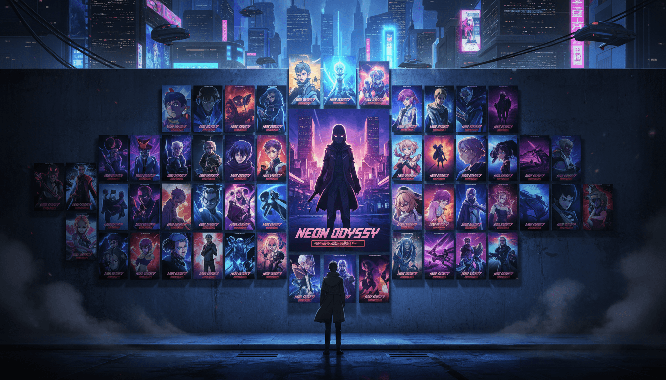 A wall of episode posters for one original anime series made with an AI anime series generator