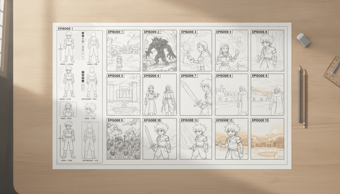 Anime storyboard sheet mapping a season arc across twelve episode cards