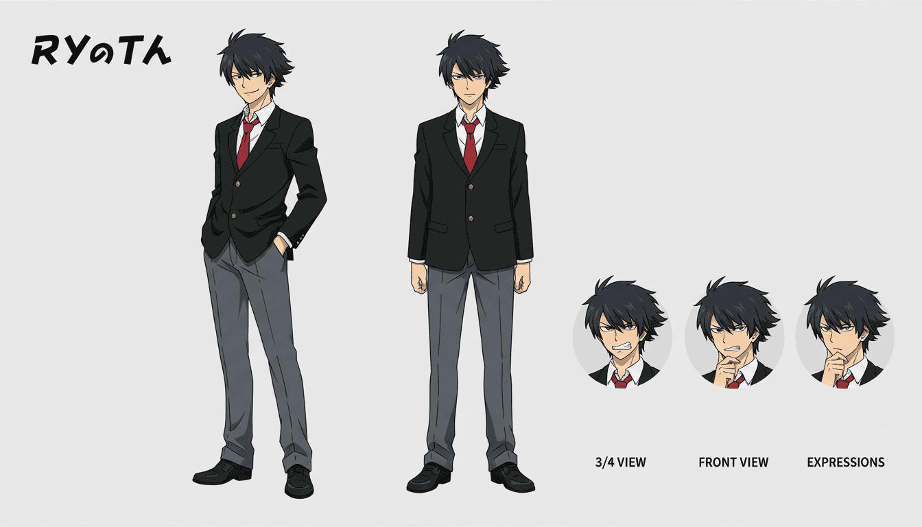 Anime character model sheet of a recurring rival character in a black school blazer