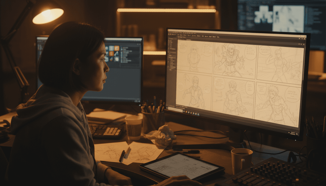 Over-the-shoulder view of a director reviewing an anime storyboard on a monitor