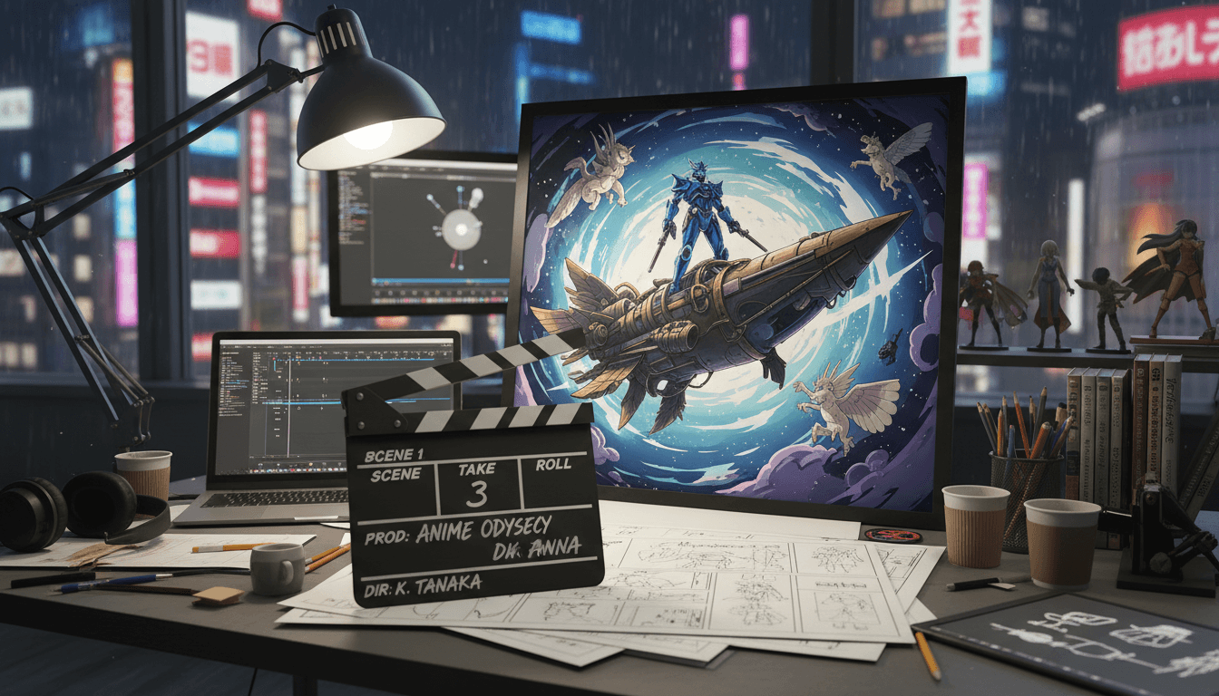 A clapperboard and anime key art on a director's desk, cinematic production still