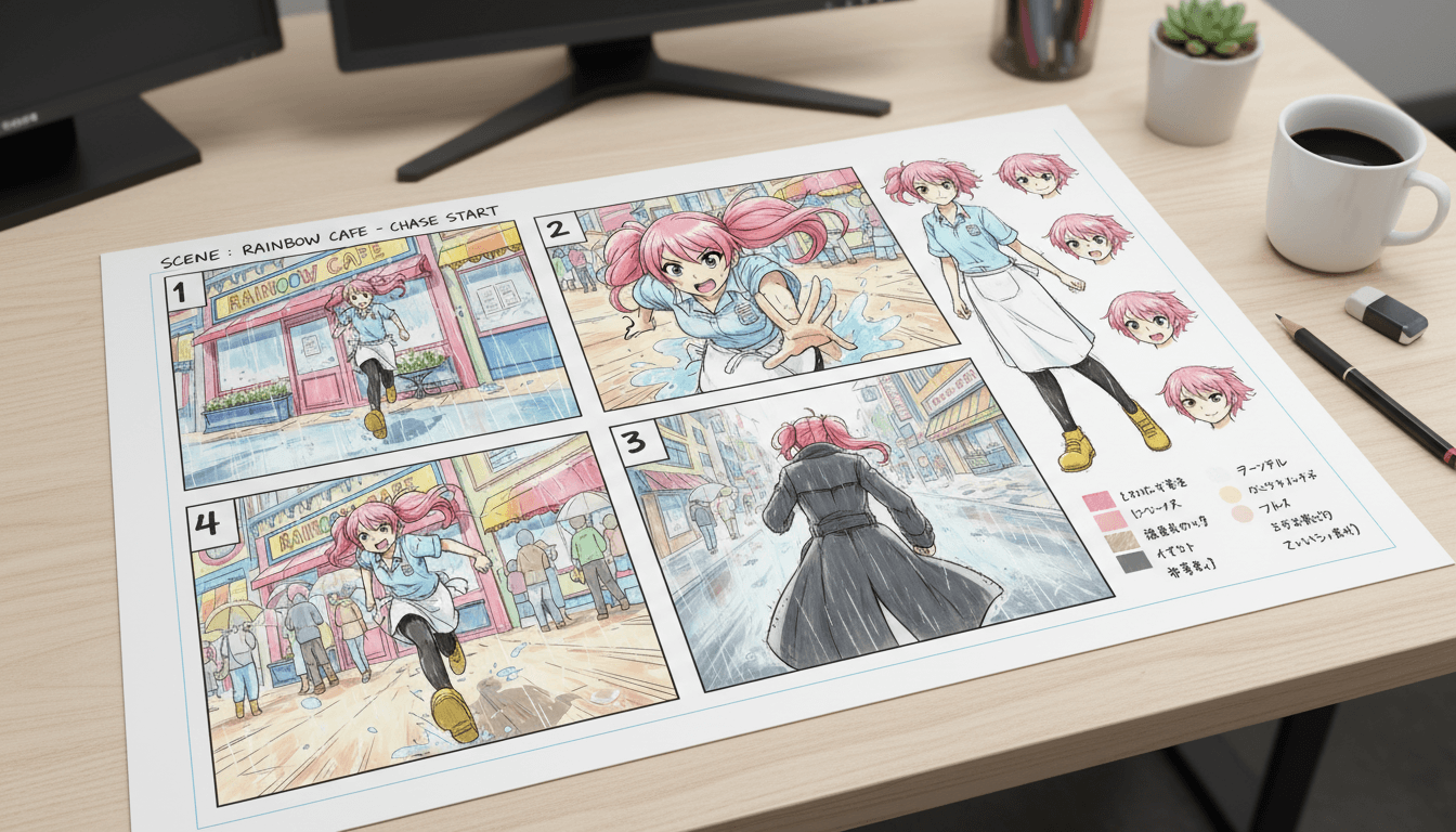 Anime storyboard sheet showing one scene as four alternate camera angles