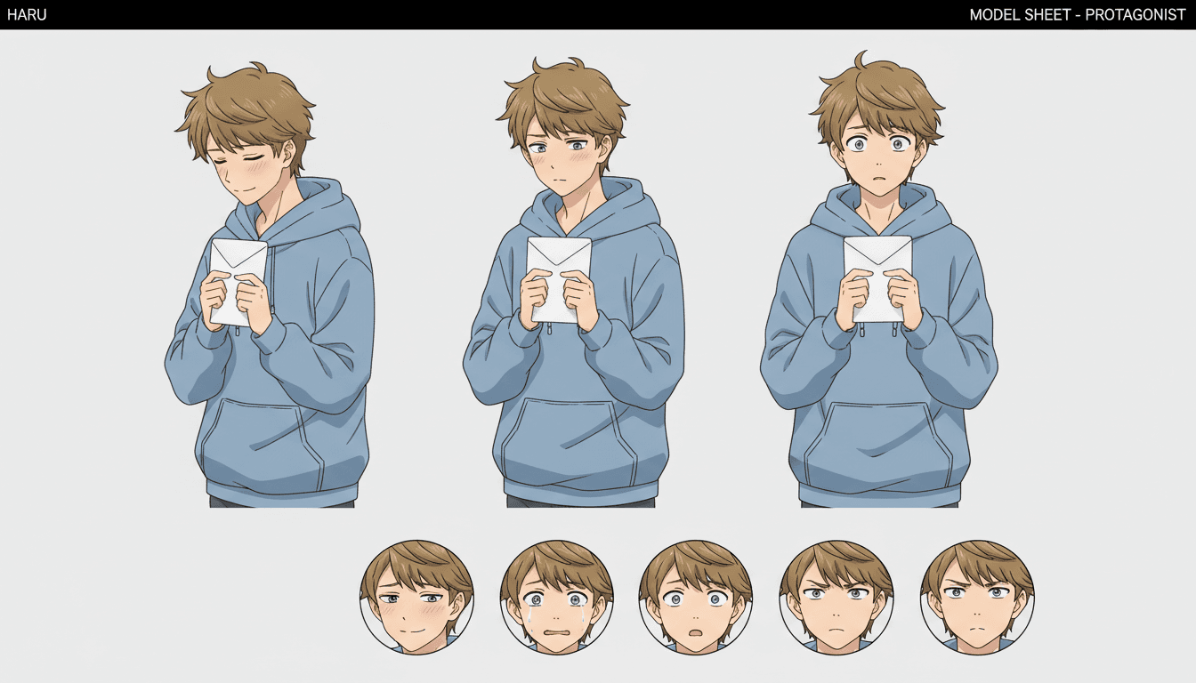 Anime character model sheet of a shy protagonist clutching a letter