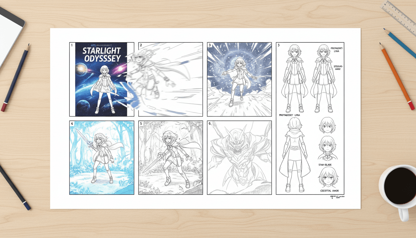 A novel cover dissolving into a moving anime scene on a storyboard sheet