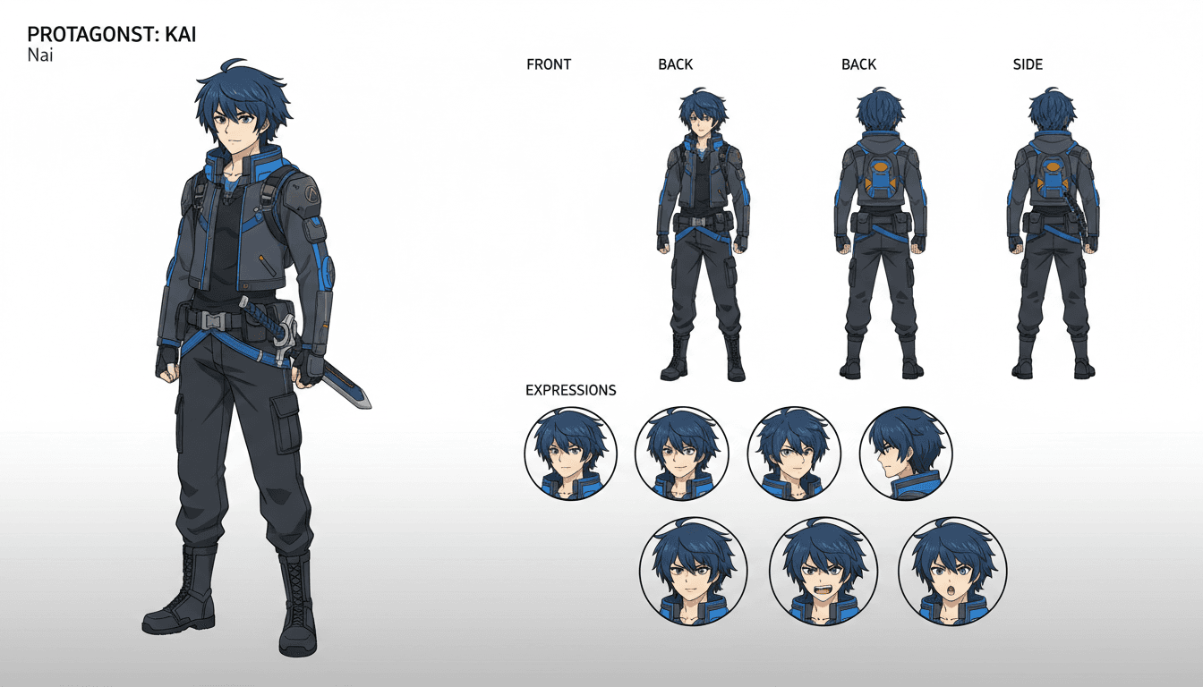 A novel protagonist rendered in consistent anime style across model-sheet views
