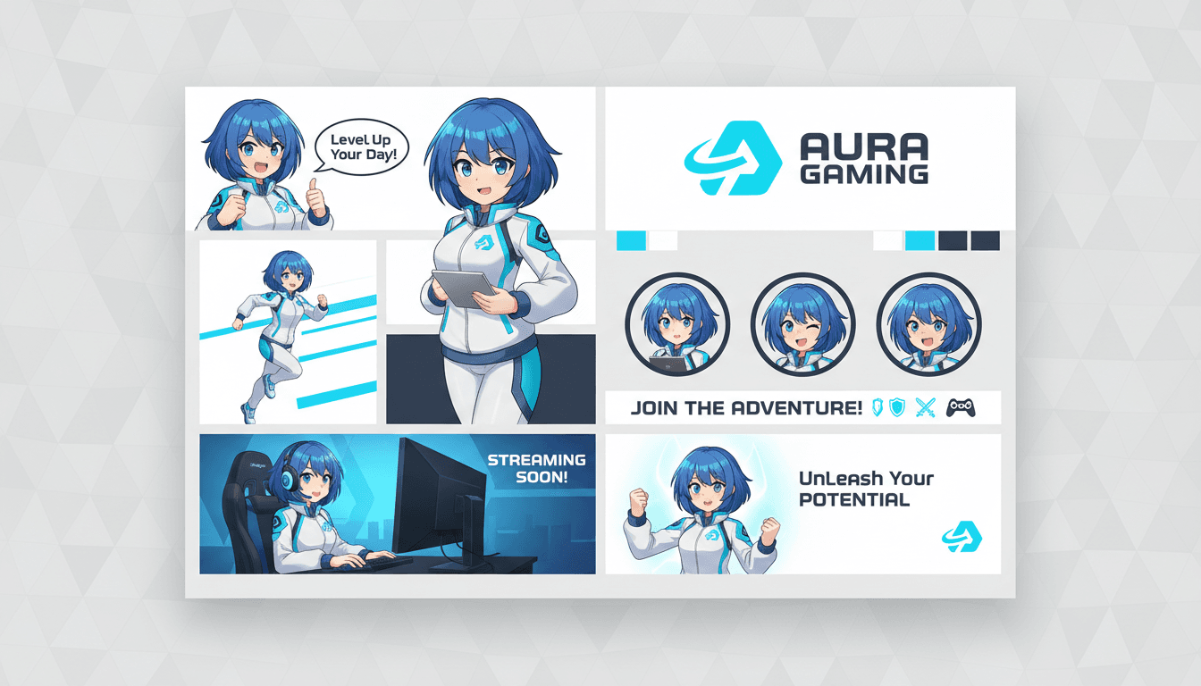 A brand style sheet showing an anime mascot in multiple poses and expressions