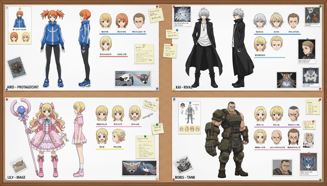 Anime character design turnaround sheet for an ensemble cast of four, front and side views with expression rows