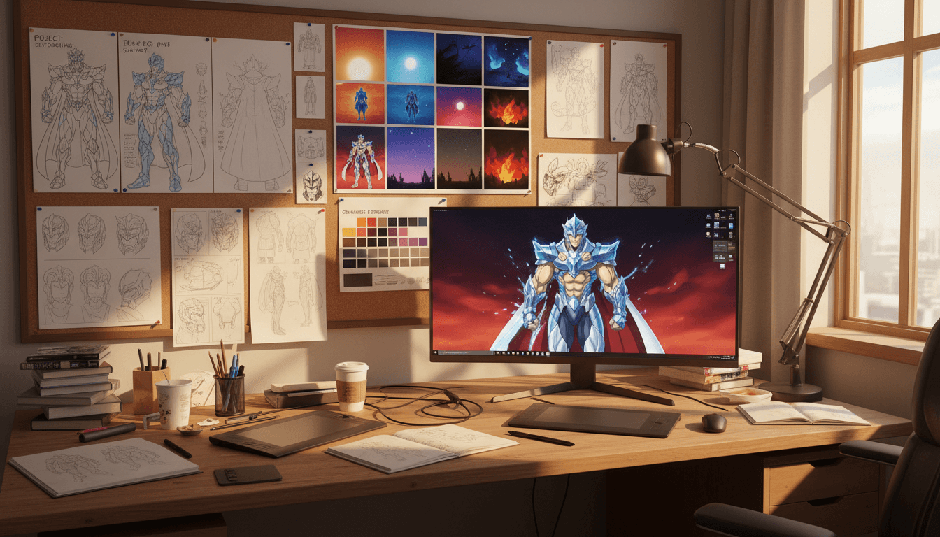 An anime character designer's desk with concept art, color scripts and model sheets pinned to the wall