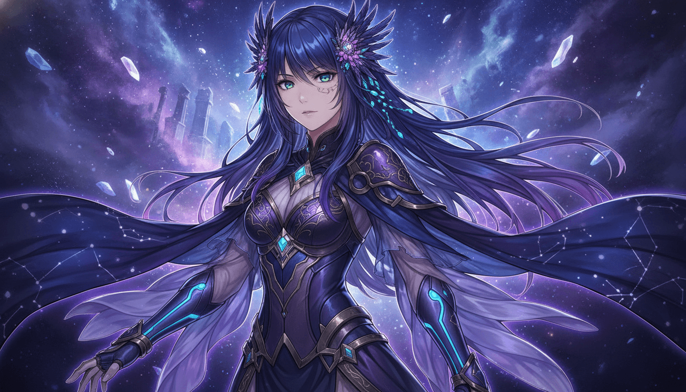 Close-up anime key visual of a distinctive original character with detailed costume design and dramatic lighting