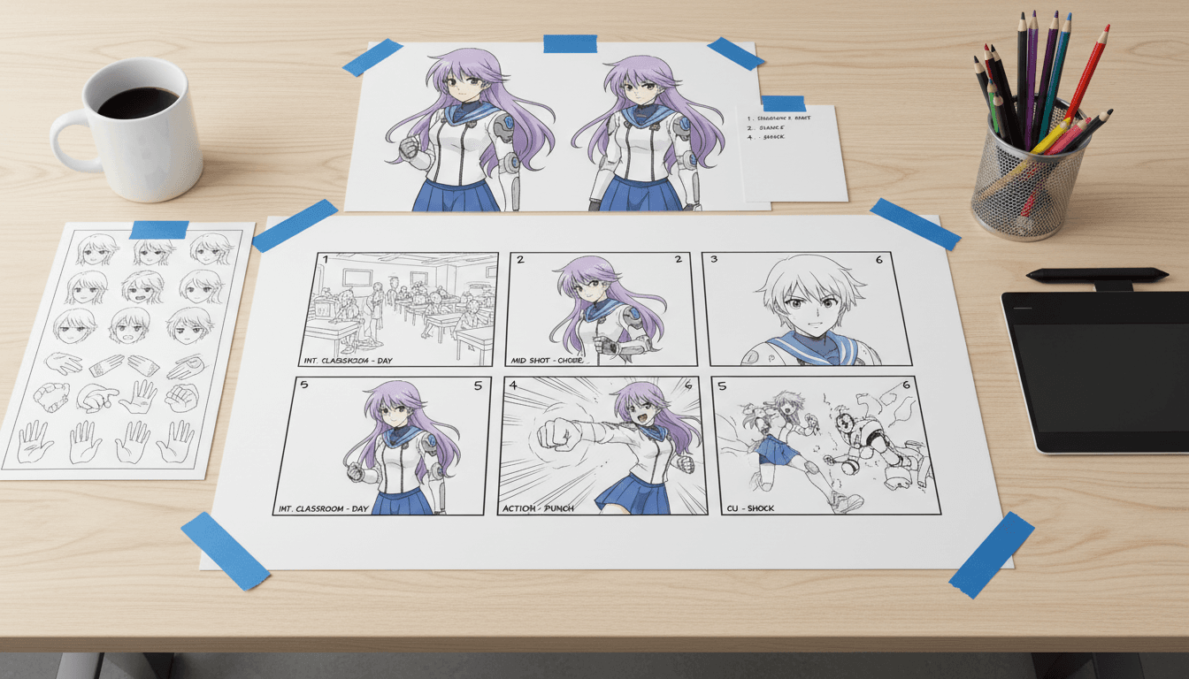A character reference sheet pinned above a shot list on a storyboard