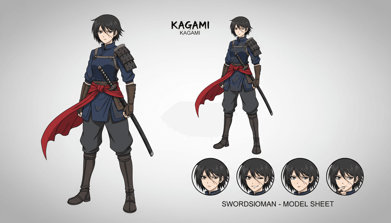 An anime character model sheet showing a swordswoman with a scar over one eye and a red sash