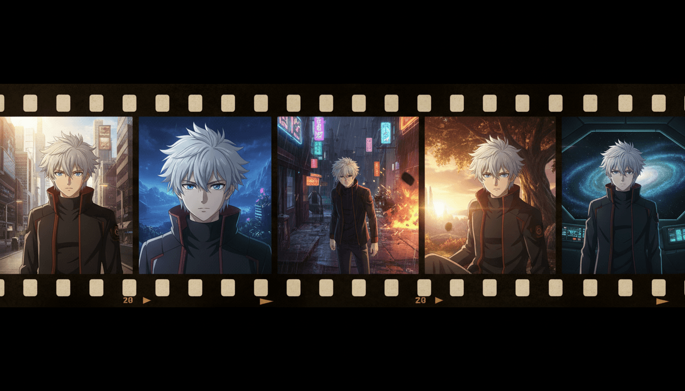 Film strip of six anime shots of the same protagonist across different scenes and lighting, visibly the same character throughout