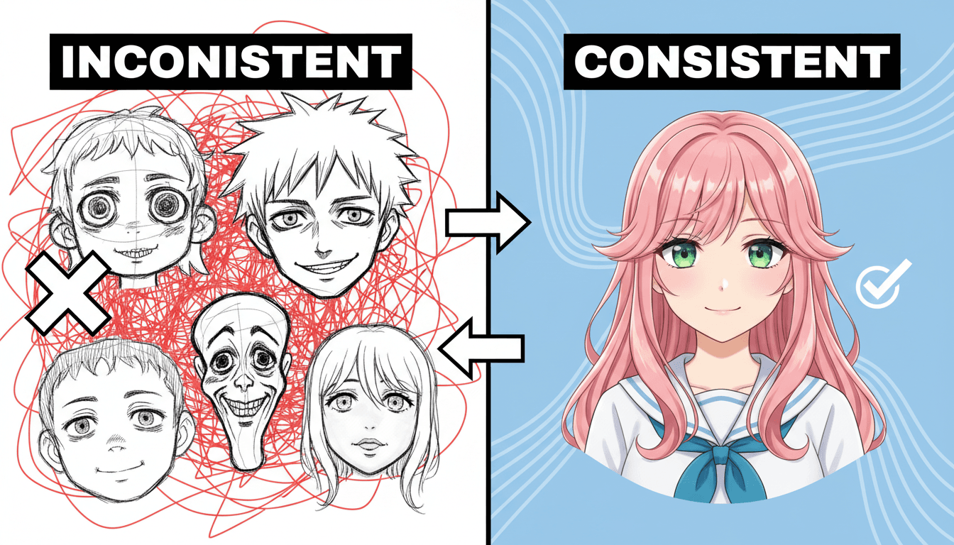 Split comparison showing messy inconsistent anime faces on one side and one clean consistent anime character on the other
