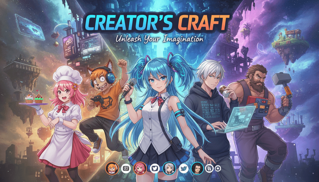 A content creator's anime cast of recurring characters posed together as a channel banner