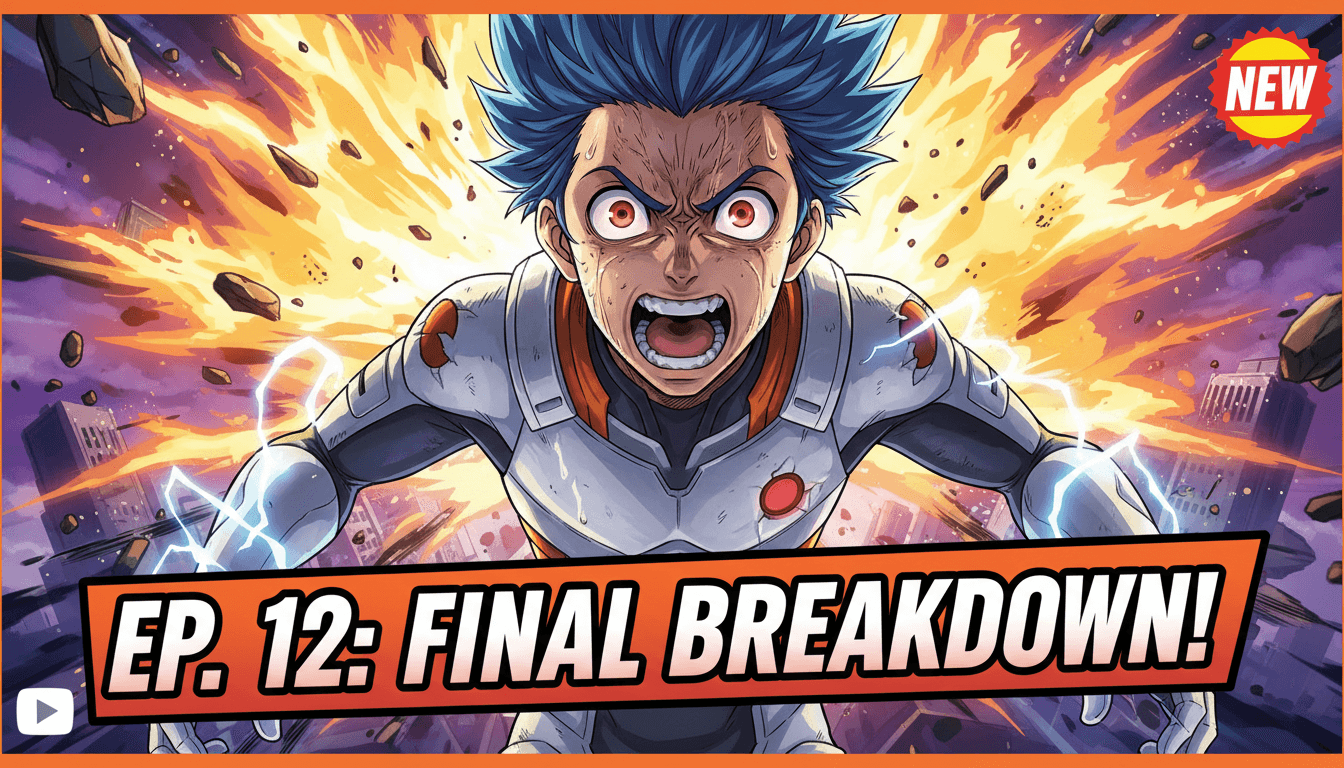 Anime episode thumbnail with an expressive character and bold title space