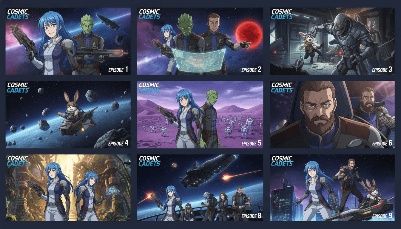 A grid of anime episode thumbnails from the same series showing a consistent cast