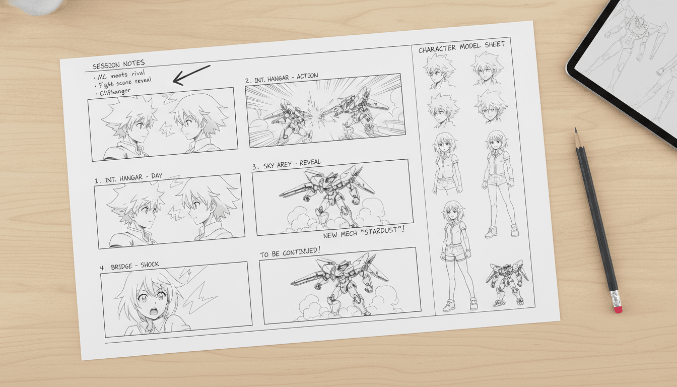 A storyboard sheet showing DnD session notes turning into numbered episode beats