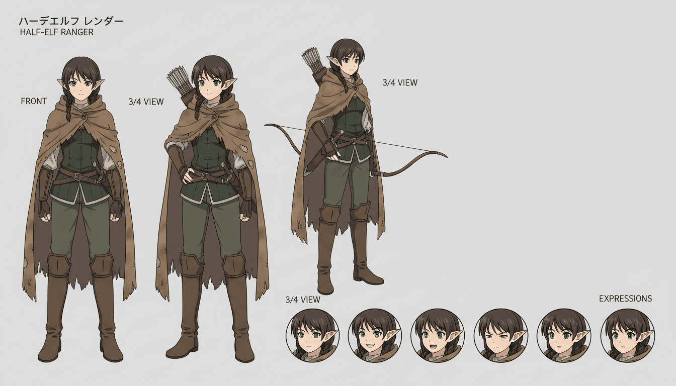 An anime character model sheet of a half-elf ranger with a worn cloak in consistent views
