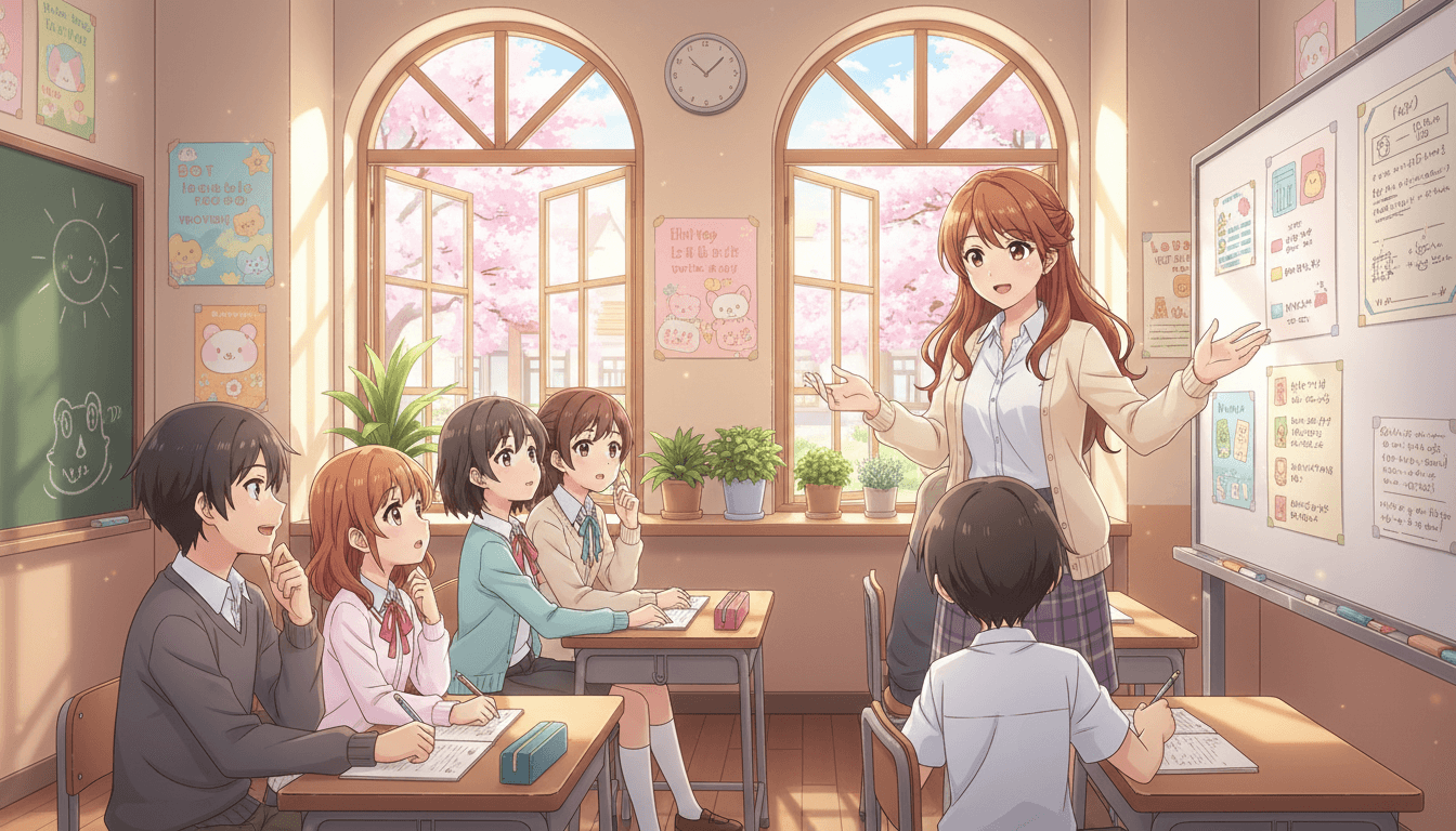 Anime scene of a friendly teacher character explaining to attentive students in a bright classroom