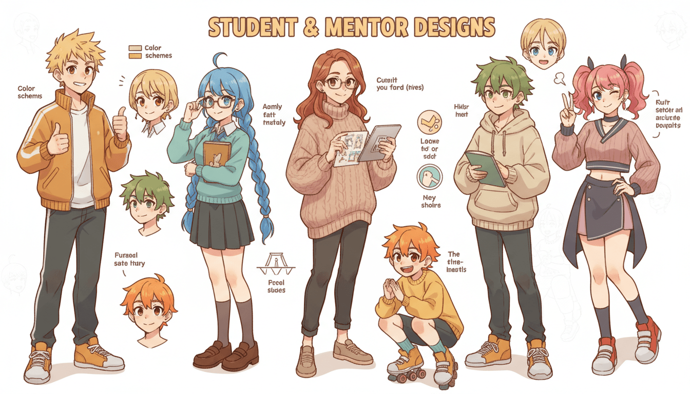 A cast of anime student characters and a mentor, model-sheet style, warm approachable designs