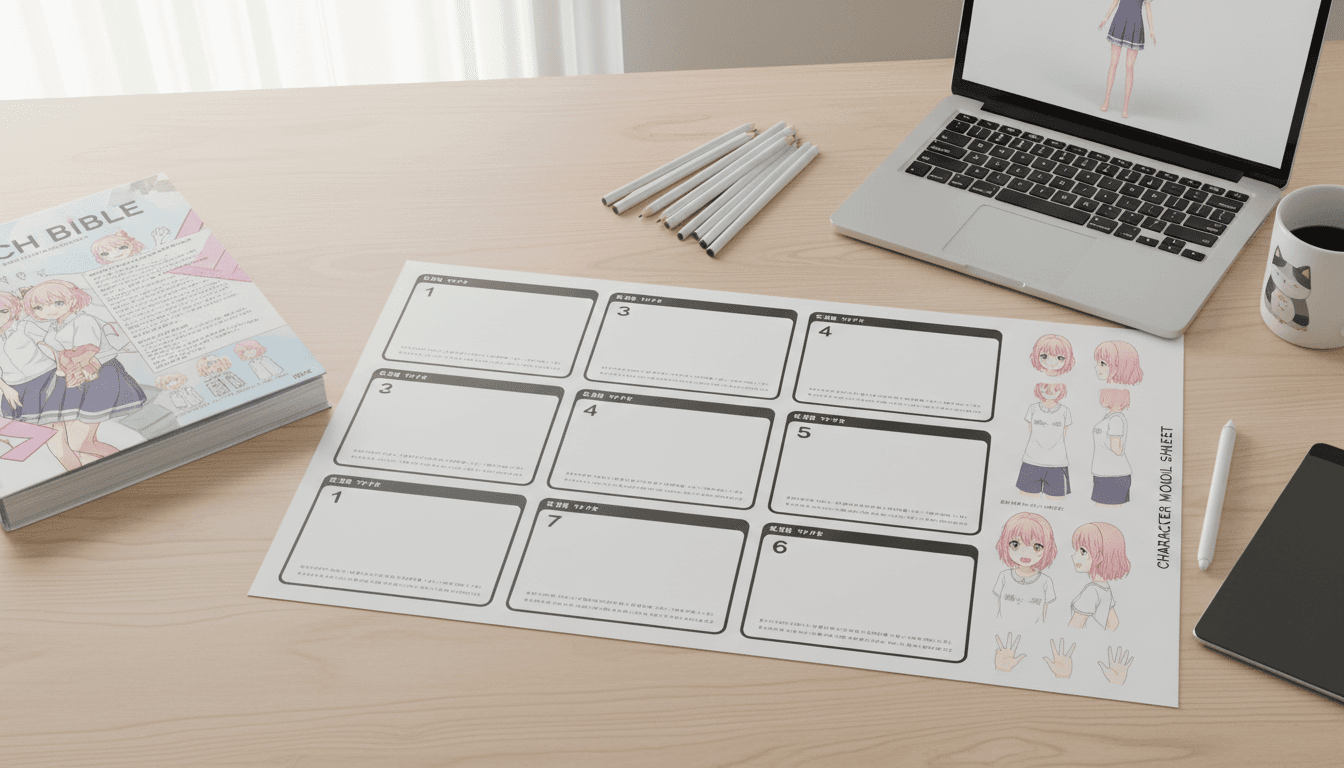 A pitch bible open beside a laptop with anime storyboard panels