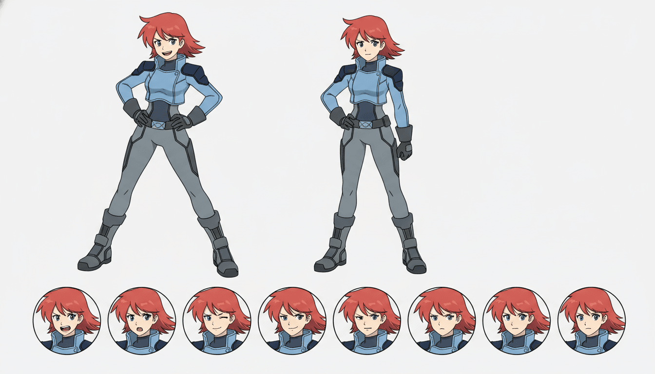 A series lead character in a confident stance shown in consistent anime model-sheet views