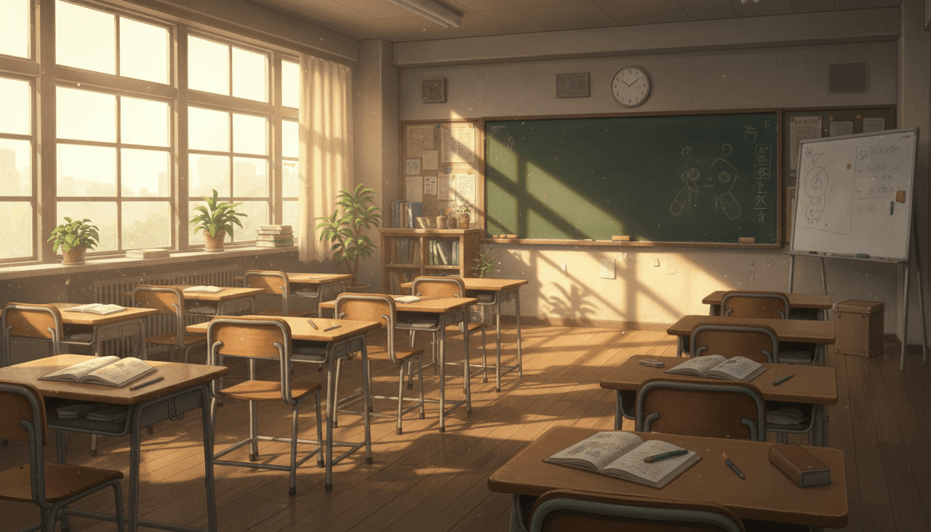 Anime background art of a detailed classroom interior at golden hour, painterly studio-quality background