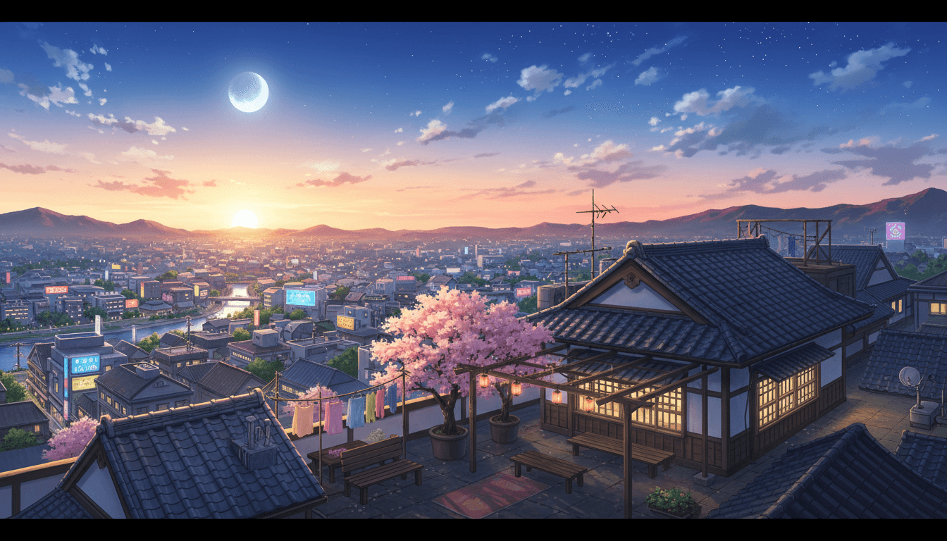 Three anime background paintings of the same rooftop location at day, sunset and night with consistent architecture