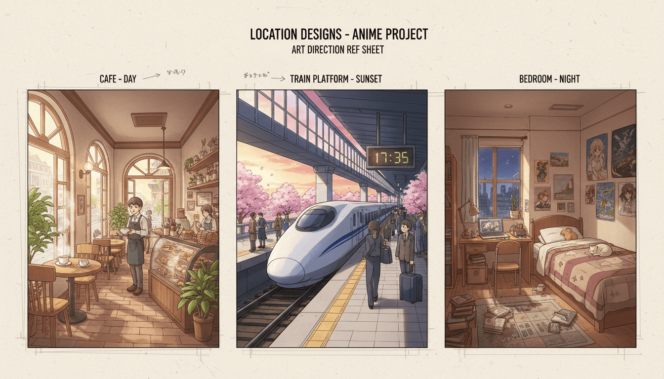 An anime art-direction board showing location designs for a cafe, a train platform and a bedroom laid out as a reference sheet