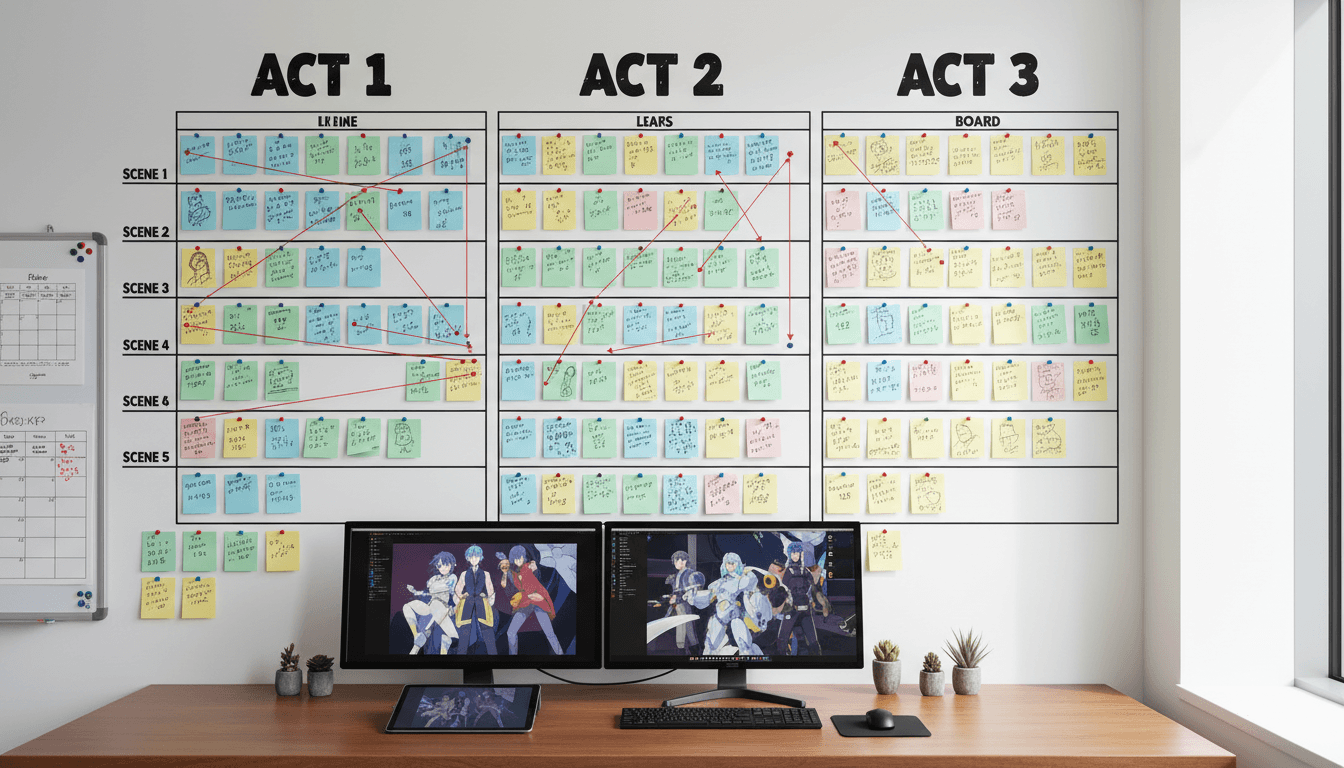 A beat board on a studio wall breaking an anime episode into acts and scenes with index cards