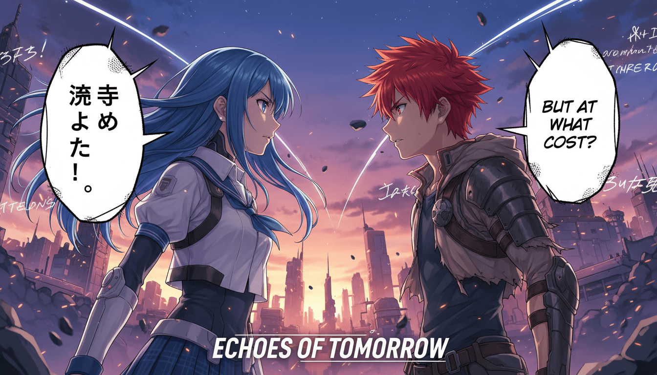 Anime key visual of two characters mid-conversation with dramatic staging implying scripted dialogue