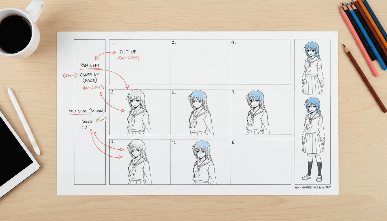 Anime storyboard sheet showing a script marked up with camera directions