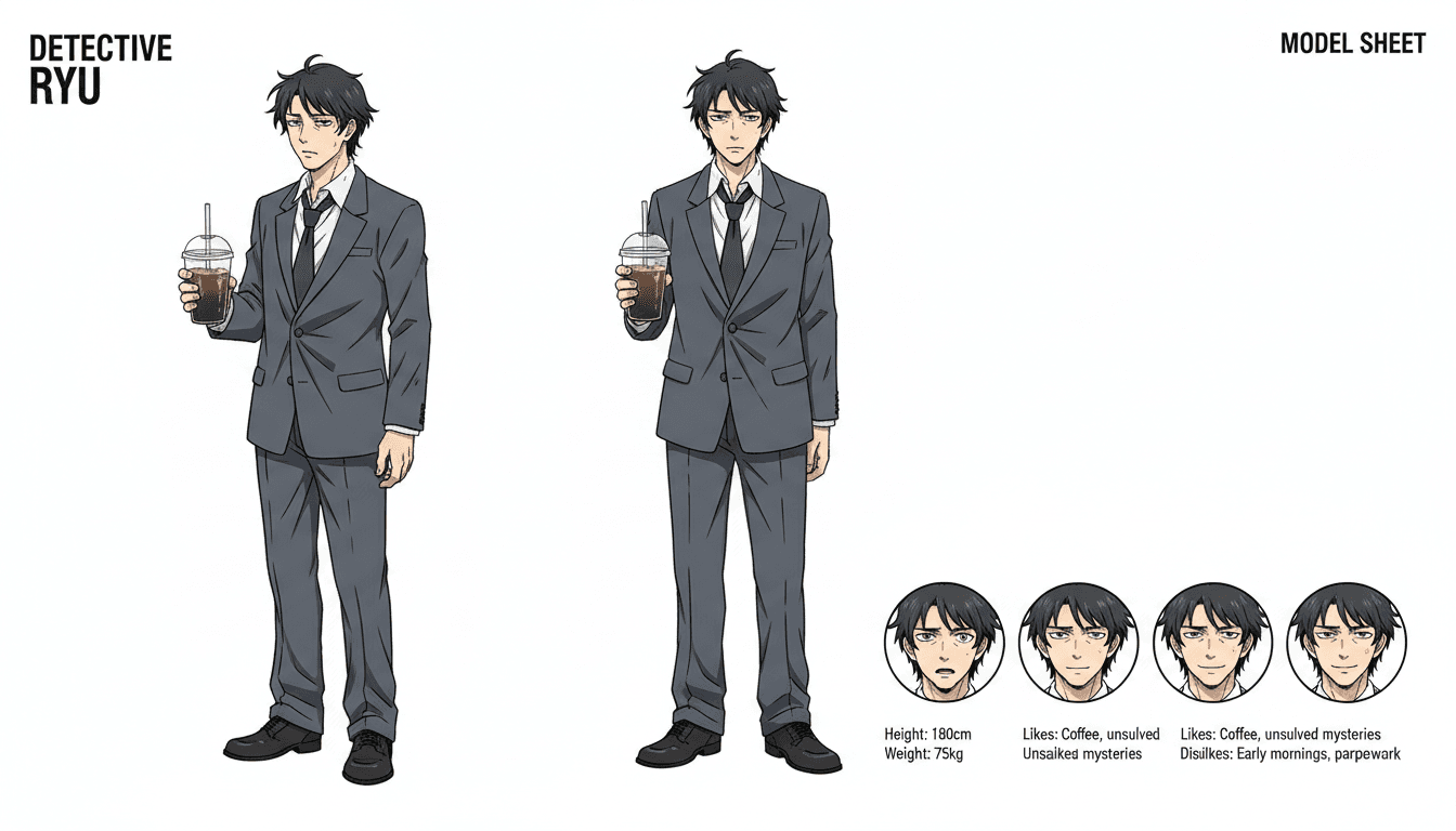 Anime character model sheet of a detective in a rumpled suit holding a cold coffee