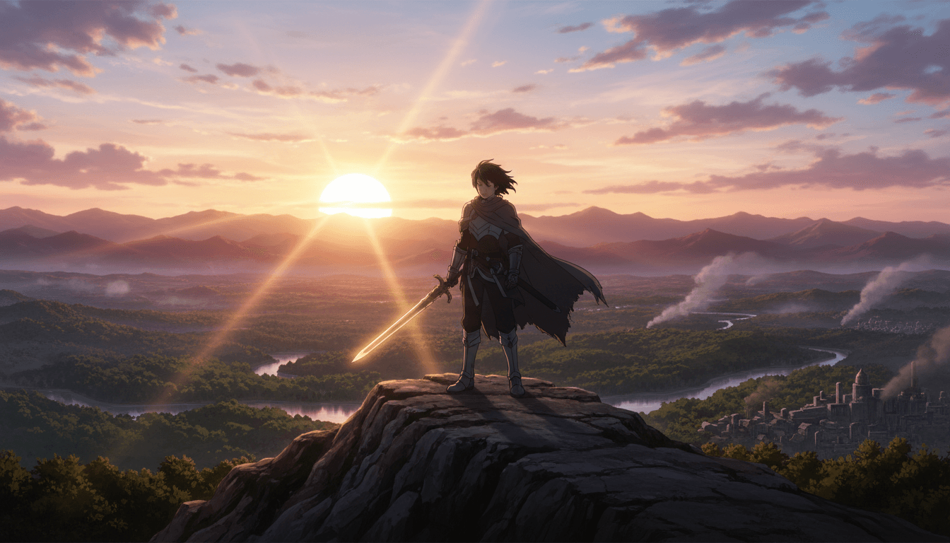 A finished anime film frame, cinematic wide shot of a hero on a hilltop at dawn