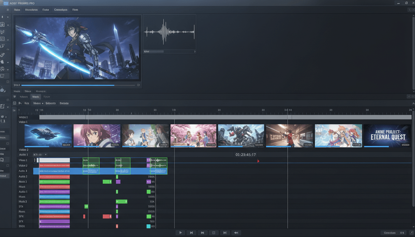 A timeline of an anime video project with multiple rendered scene thumbnails in sequence