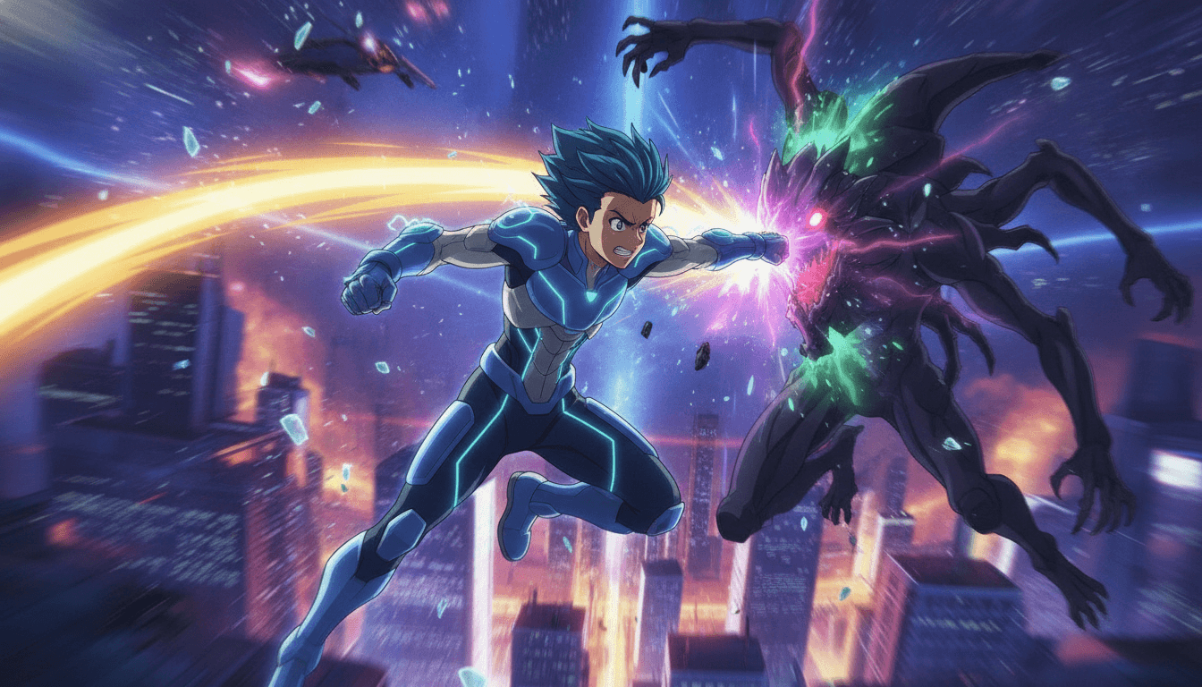 Anime action sequence frame with motion and dynamic camera, vivid colour, TV anime quality