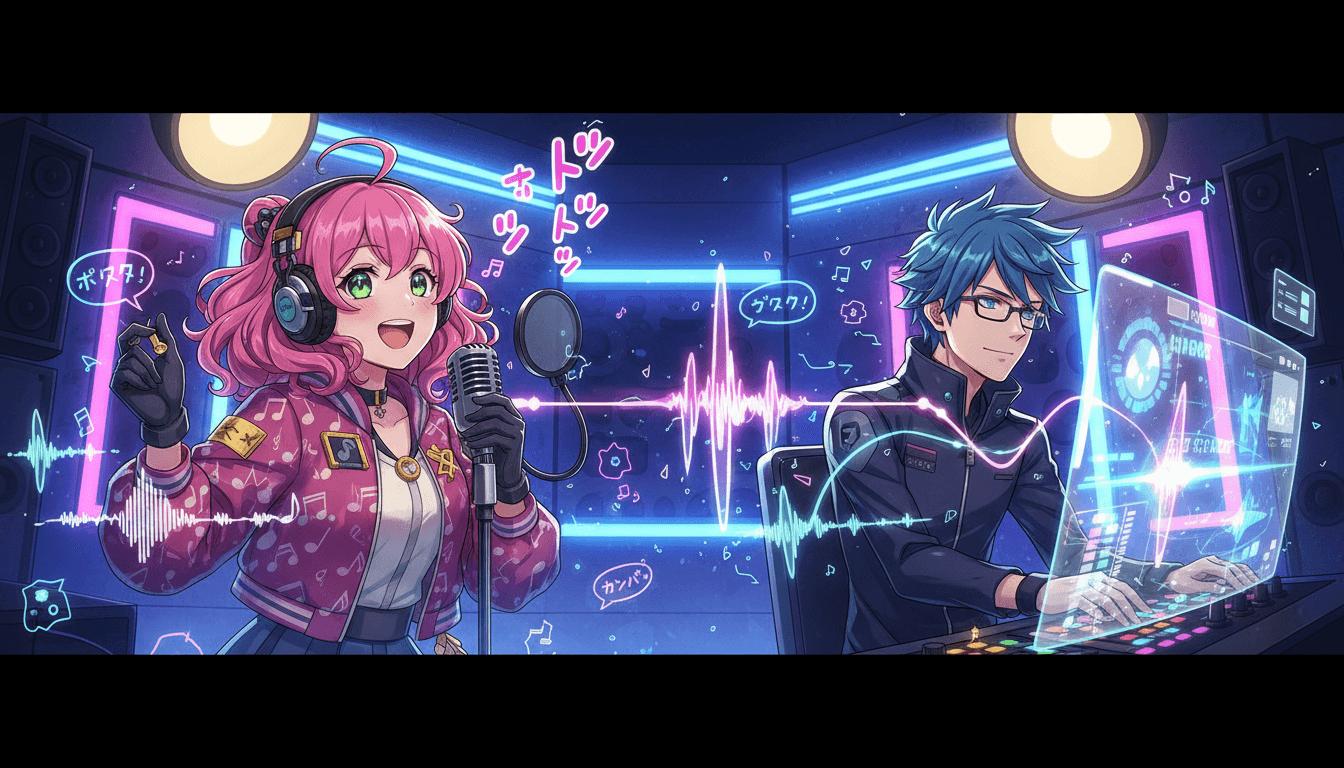 A sound-recording motif with anime characters, floating waveforms and voice bubbles