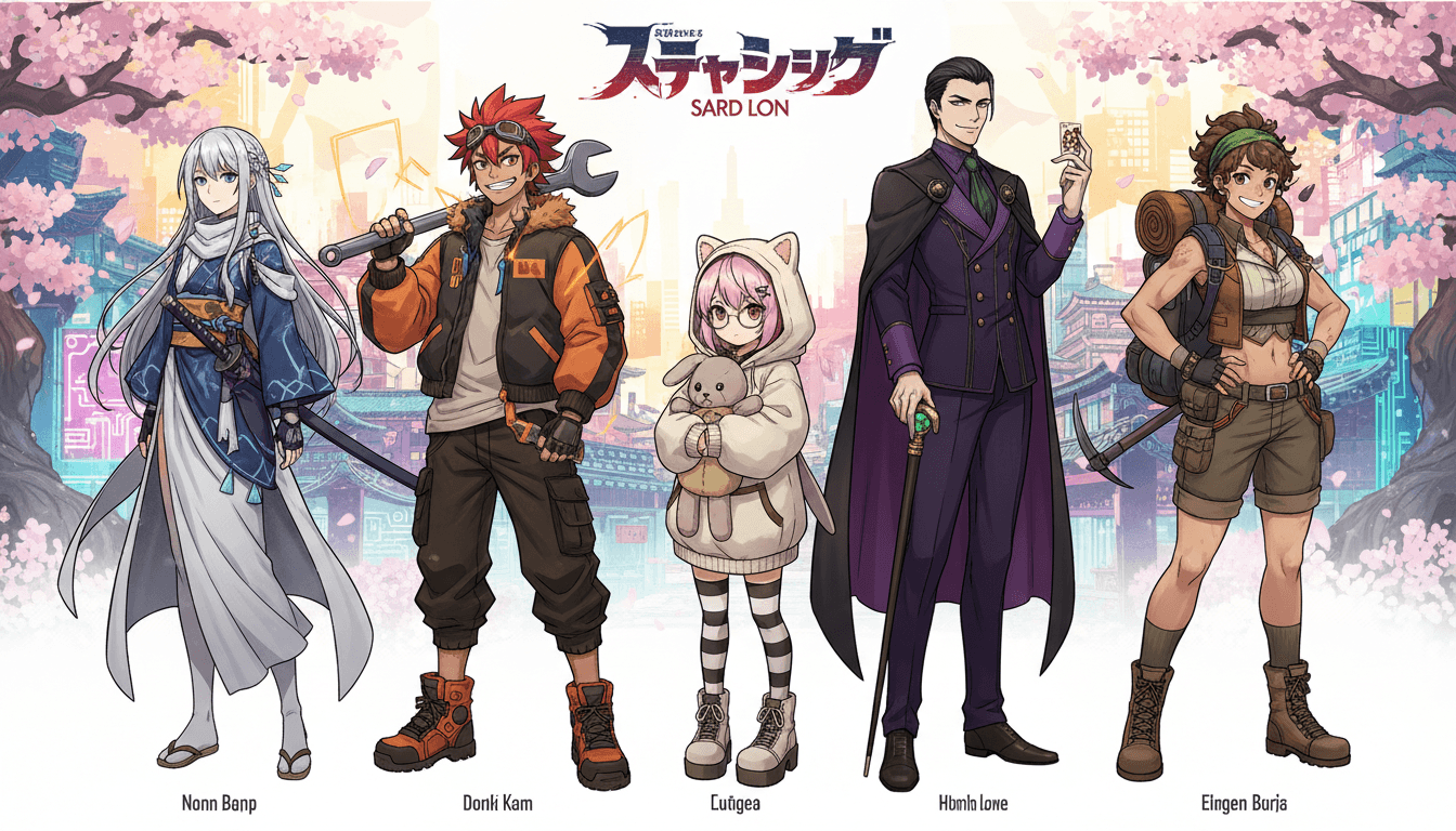A lineup of five anime characters, each with a distinct design implying a distinct voice