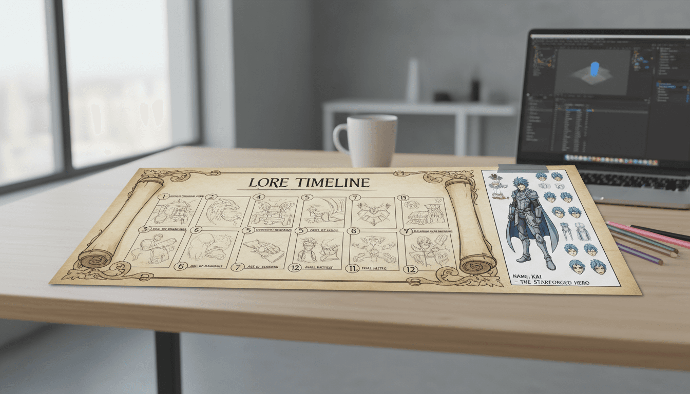A lore timeline drawn as a scroll on a storyboard sheet