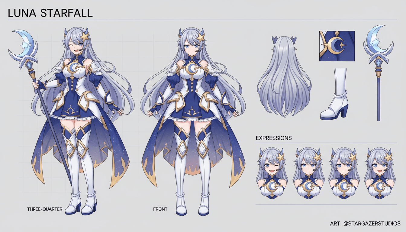 An anime character model sheet of a VTuber character in their signature outfit