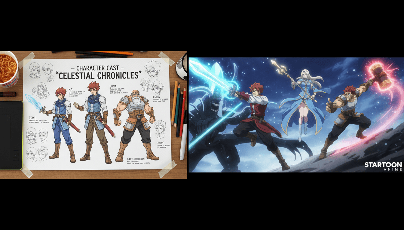 A webtoon creator's cast sheet beside animated anime versions of the same characters