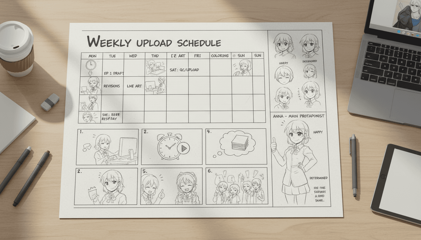 A weekly upload schedule on a calendar beside anime storyboard panels